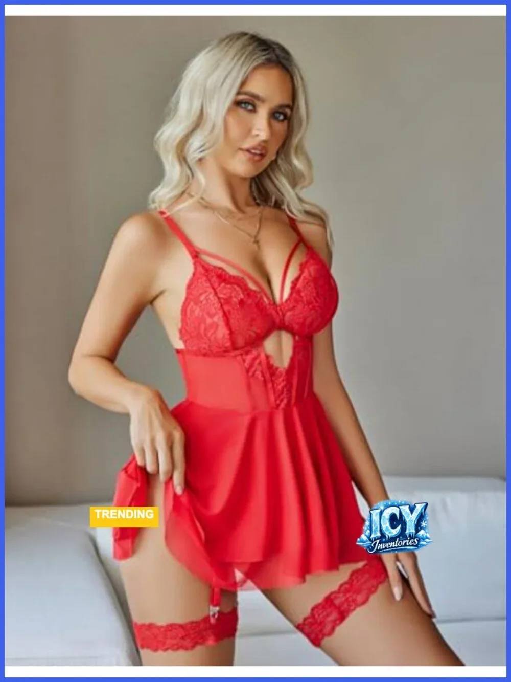 Lace Babydoll Chemise with Garter Belt and Panty, Adjustable Straps, Backless,